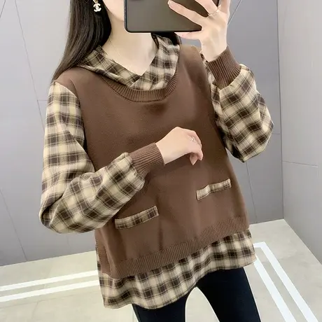 2023新款格子拼接假两件连帽套头针织衫宽松百搭外穿时尚洋气打底商品大图