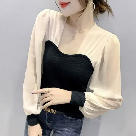 2023秋装新款时尚泡泡袖T恤网纱拼接针织上衣洋气打底衫女长袖潮商品大图