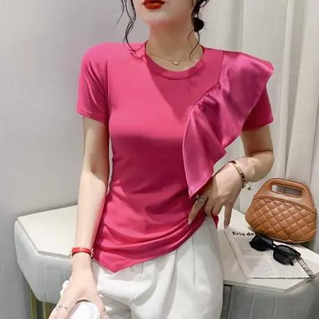 不规则开叉短袖T恤女欧货设计感女装纯色百搭显瘦小衫荷叶边丅恤商品大图