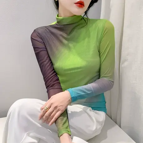 欧货网纱打底衫女长袖秋冬2023新款内搭半高领上衣时尚印花T恤ins商品大图