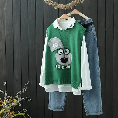 针织马甲女背心2022春秋季新款提花圆领套头外搭坎肩无袖毛衣马夹商品大图