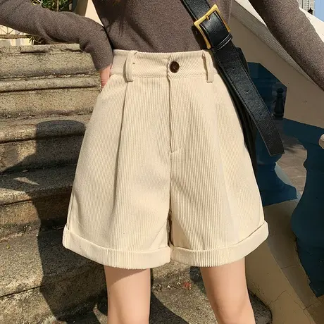 灯芯绒女短裤2022秋冬季新款小个高腰休闲百搭外穿a字阔腿靴裤子图片