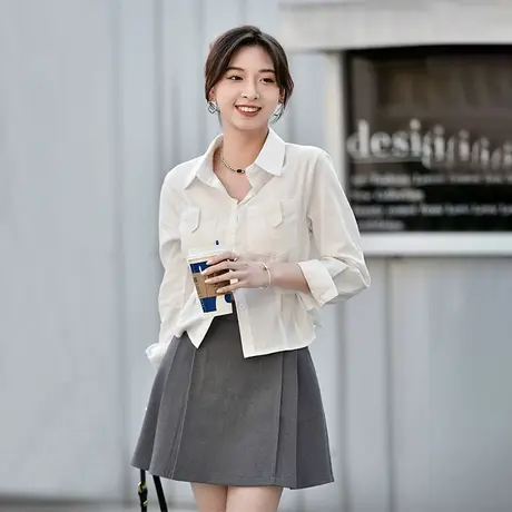 衬衫上衣女2023秋季新款洋气修身绑带收腰显瘦小个子白色长袖衬衣商品大图
