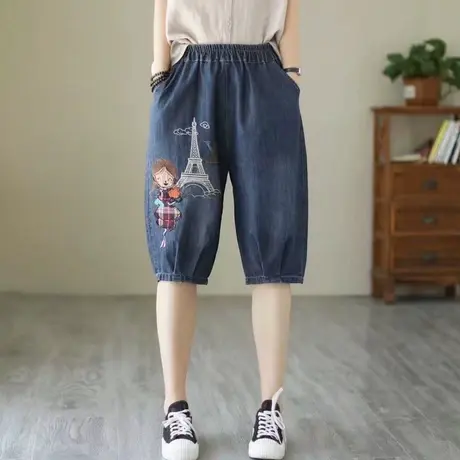 2023夏季复古民族风卡通刺绣牛仔六分裤女宽松休闲束脚五分中裤薄图片