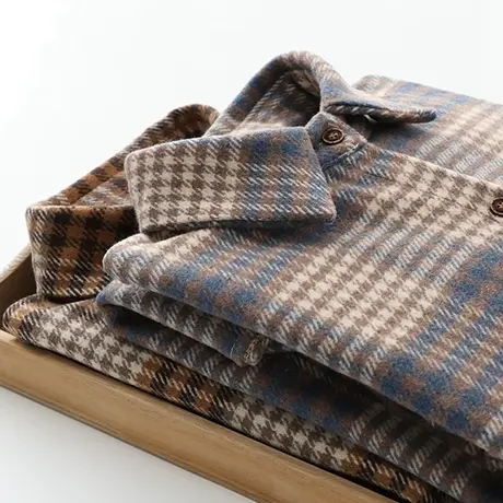 秋冬款港味复古文艺加厚磨毛宽松毛呢外套女长袖格子衬衫打底衬衣商品大图