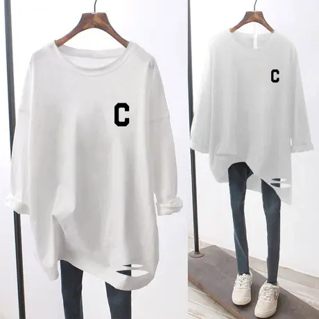 纯棉t恤女长袖宽松胖mm显瘦中长款半袖2022年新款大码200斤上衣夏商品大图