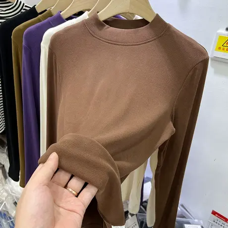 设计感双面磨毛软糯螺纹长袖T恤女2022秋冬新款内搭打底衫上衣厚商品大图