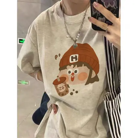 纯棉oversize设计感短袖t恤女夏季宽松半袖小众港味复古chic上衣商品大图