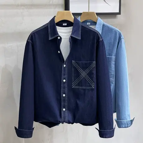 丹宁普洗牛仔衬衫男长袖春秋季日系工装男士衬衣休闲上衣薄款外套商品大图