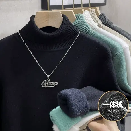 一体绒羊毛针织衫保暖高领毛衣男士秋冬2023加绒打底翻领毛线衣厚商品大图