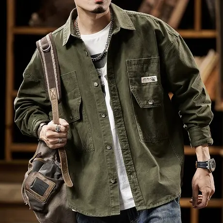 百搭精梳棉工装衬衣外套时尚休闲春秋复古轻磨毛洗退潮流舒适外套图片