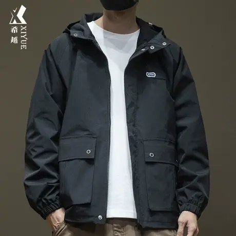希越防水防风连帽户外冲锋衣男秋季宽松大码外套潮流百搭工装夹克图片
