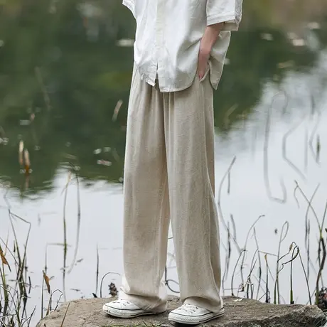 中国风复古亚麻裤子男夏季薄款宽松加大码胖子直筒裤垂感棉麻长裤商品大图