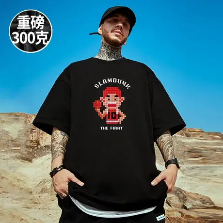 300g重磅短袖100%纯棉宽松大码男装日系潮牌卡通半袖胖子T恤潮流商品大图