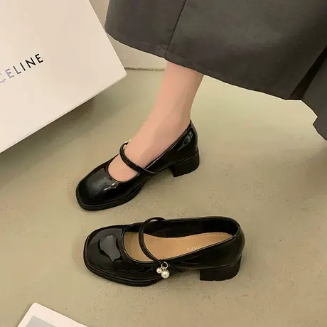 法式玛丽珍鞋女2023年新款春夏季气质高跟鞋配裙子黑色粗跟小皮鞋图片