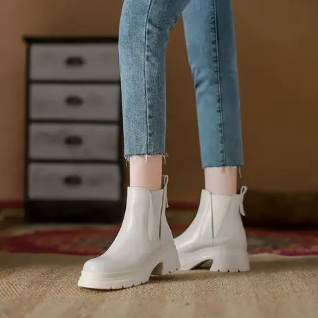 短靴女粗跟2022秋冬新款英伦风切尔西靴时尚高跟圆头瘦瘦靴及裸靴商品大图