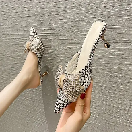 拖鞋女外穿2023年新款夏季性感蝴蝶结细跟包头半拖鞋一脚蹬穆勒鞋商品大图