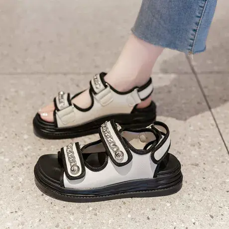 平底凉鞋女2023新款夏季厚底沙滩女鞋魔术贴金属链条小香风罗马鞋图片