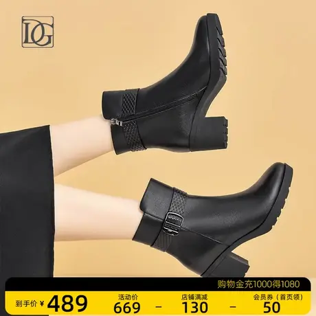 头层牛皮短靴女粗跟2023秋冬新款真皮高跟妈妈靴加绒女靴及踝靴商品大图