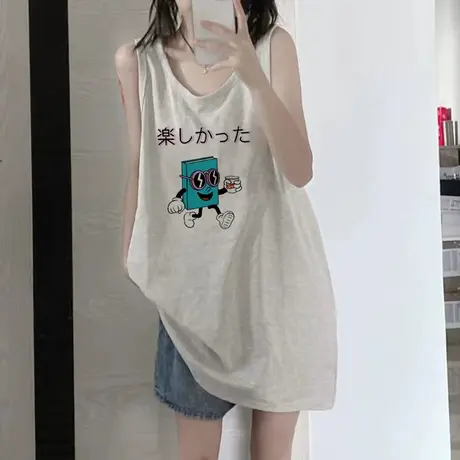 纯棉吊带运动坎肩背心无袖t恤女夏季设计感小众外穿宽松挂脖上衣图片