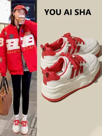 厚底真皮运动小白鞋女2024新款韩版增高系带休闲鞋透气软底板鞋女图片