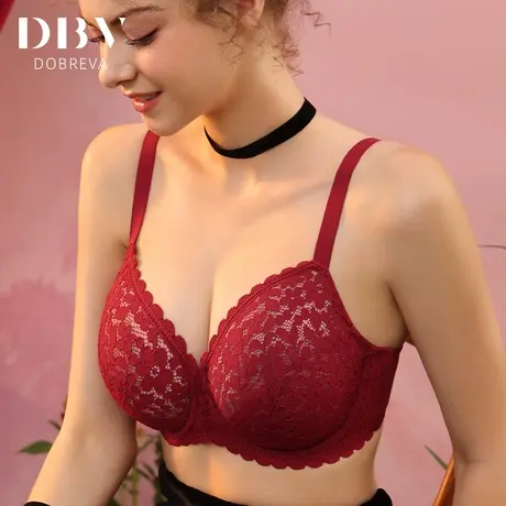 Dobreva本命年内衣套装红色结婚新娘大胸显小女超薄款大码文胸秋图片