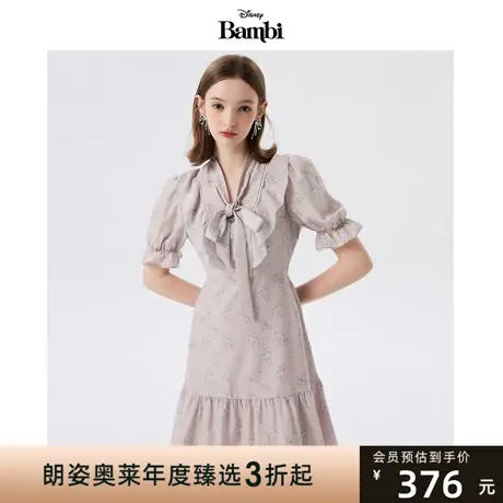 【迪士尼系列】莱茵2023夏季新款小鹿斑比气质荷叶边泡泡袖连衣裙商品大图