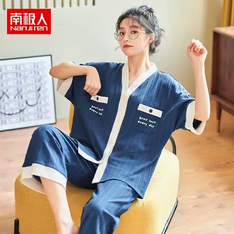 南极人新款女士纯棉睡衣夏季薄款短袖春夏天和服七分裤家居服套装商品大图