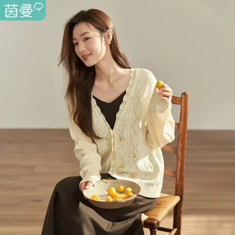 【商场同款】茵曼2022春女装新款法式V领绣花针织开衫长袖外套图片