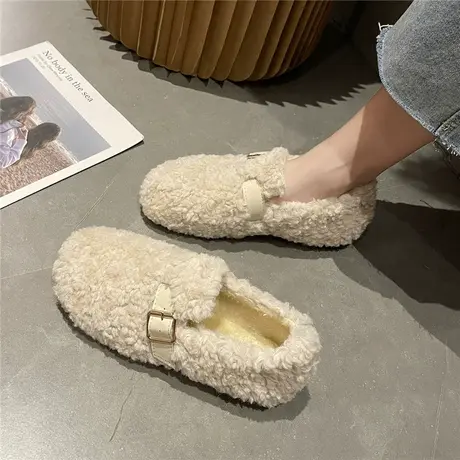 皮带扣厚底毛毛鞋女冬外穿加绒水貂毛舒适仙女风豆豆鞋孕妇棉单鞋图片