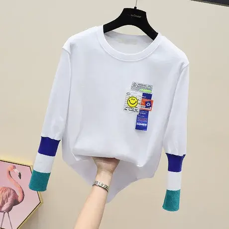 笑脸拼接针织长袖打底衫2023秋冬新款宽松下身失踪白色中长t恤女商品大图