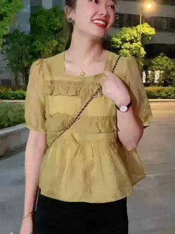 别致方领荷叶边衬衫女2023夏季新款设计感褶皱仙女泡泡短袖上衣潮商品大图