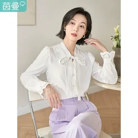 茵曼2023春女装新款法式通勤宽松显瘦系带镂空绣花娃娃领衬衫衬衣图片