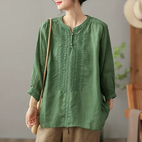 dza 文艺复古苎麻女士衬衫2023夏季圆领套头衬衣显瘦百搭棉麻上衣图片