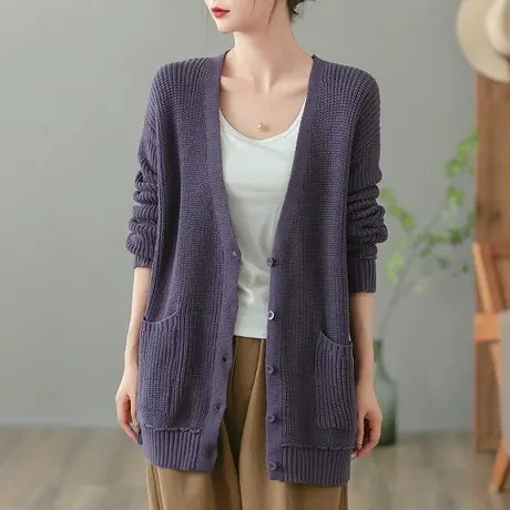 dza复古宽松V领纯色棉线针织开衫女士春秋外搭上衣休闲毛衣外套女图片