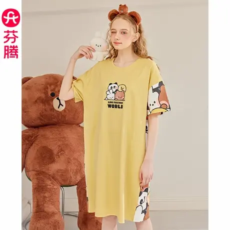 芬腾纯棉睡裙女夏季凉感短袖睡衣裙可爱布朗熊休闲大码家居服中裙图片