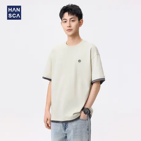 hansca 250g纯棉短袖t恤男2025夏季日系透气百搭圆领简约休闲体恤商品大图