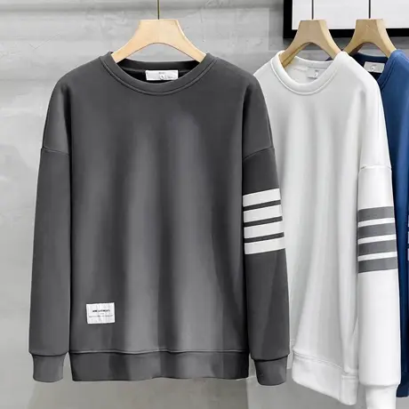 TB加绒卫衣男秋冬装百搭宽松套头圆领长袖四条杠ins保暖男外套潮商品大图