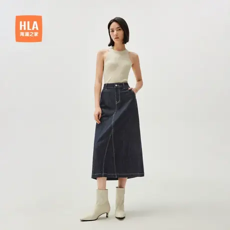 HLA/海澜之家撞色辑线半身裙24秋新时尚休闲A字廓形牛仔长裙女装商品大图