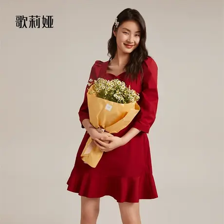 歌莉娅红色连衣裙女款法式气质方领鱼尾小个子礼服裙子112R4K1YF图片