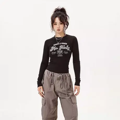 YEP美式辣妹风紧身短款长袖T恤女2023新款秋冬复古印花打底衫上衣商品大图
