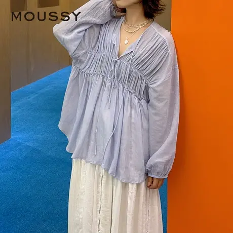 MOUSSY 2025夏季新品甜美风抽褶皱系带宽松长袖衬衫028ISA30-1003图片