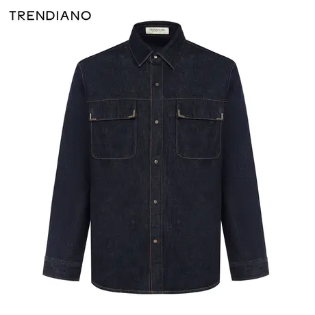 TRENDIANO官方双口袋复古微阔绵羊毛牛仔衬衫外套男2023新款冬季商品大图