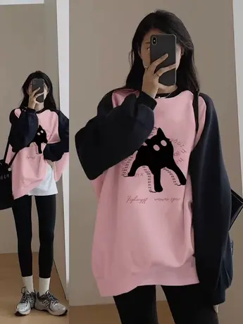 插肩撞色圆领卫衣女秋冬加绒加厚小众设计感宽松港味chic套头上衣图片