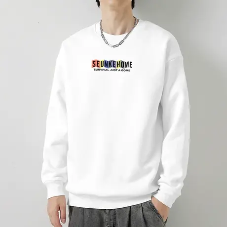 380g重磅纯棉卫衣男摇粒绒圆领无帽上衣字母印花白色长袖t恤宽松商品大图