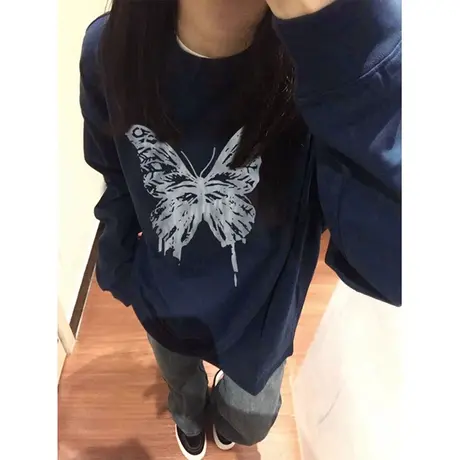 ins超火圆领无帽卫衣女春秋季宽松韩版百搭学生薄款上衣外套潮牌商品大图