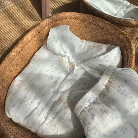 上新！碎花小鸭翻领长袖长裤女睡衣套装纯棉双层纱布家居服可外穿商品大图