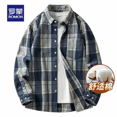 罗蒙男士长袖衬衫2025秋季新款打底棉质商务休闲磨毛格子衬衣男款图片