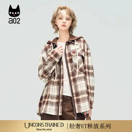 a02【ET释放系列】宽松连帽外套女2025新款秋季格子上衣通勤穿搭图片