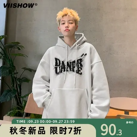 VIISHOW黑色卫衣男春秋款美式潮牌字母印花连帽高街宽松男生上衣商品大图